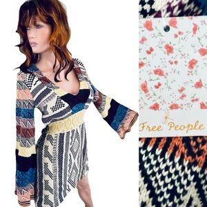 FREE PEOPLE Rare NWT Knit Hippie BELL SLEEVE Patchwork MINI DRESS Size Medium